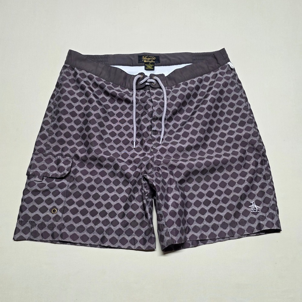 Original Penguin Men Brown Geometric Graphics Swim Trunks Size 30 Board Shorts